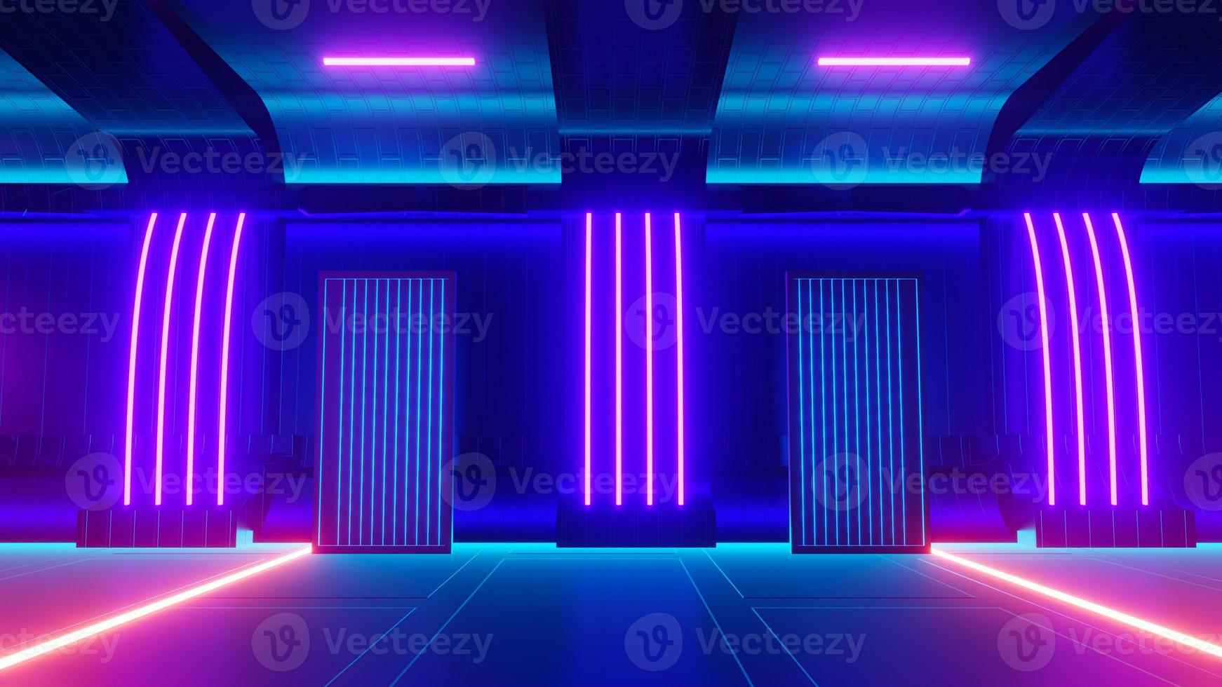 3d render of flash neon and light glowing on dark scene. Speed light moving lines. photo