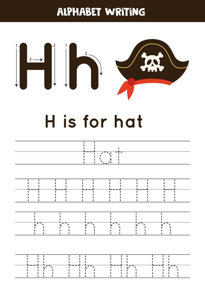 aprender el alfabeto inglés para niños. tema pirata. letra h. sombrero de pirata dibujado a mano. vector