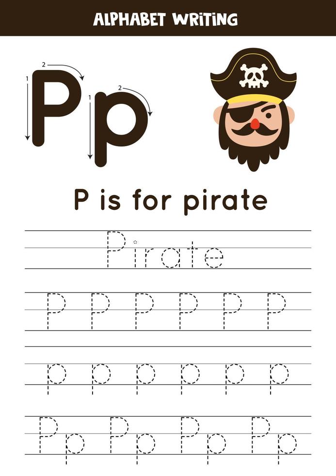 aprender el alfabeto inglés para niños. tema pirata. letra p. pirata dibujado a mano. vector