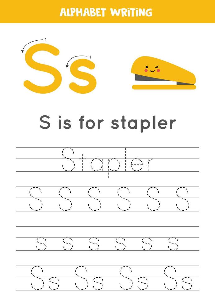 Learning English alphabet for kids. Letter S. Cute kawaii stapler. vector