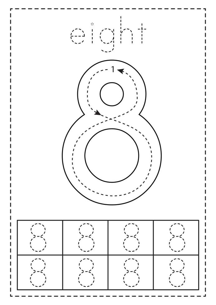 Tracing number eight. Preschool worksheet. Black and white. vector