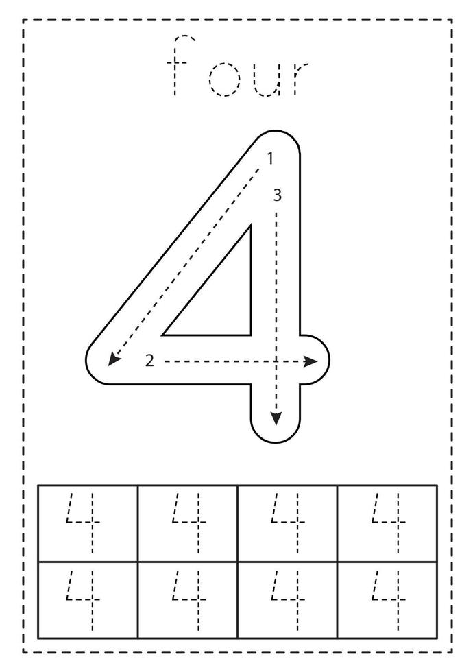 seguimiento número cuatro. hoja de trabajo preescolar. en blanco y negro. vector