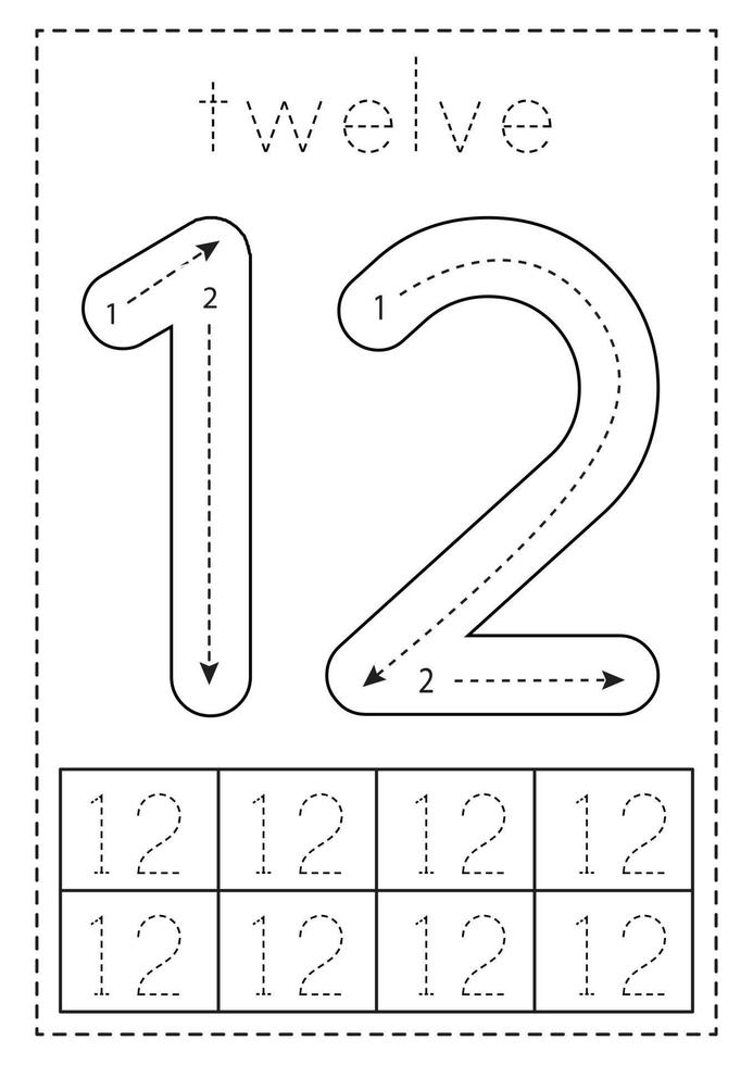 Tracing number twelve. Preschool worksheet. Black and white. vector