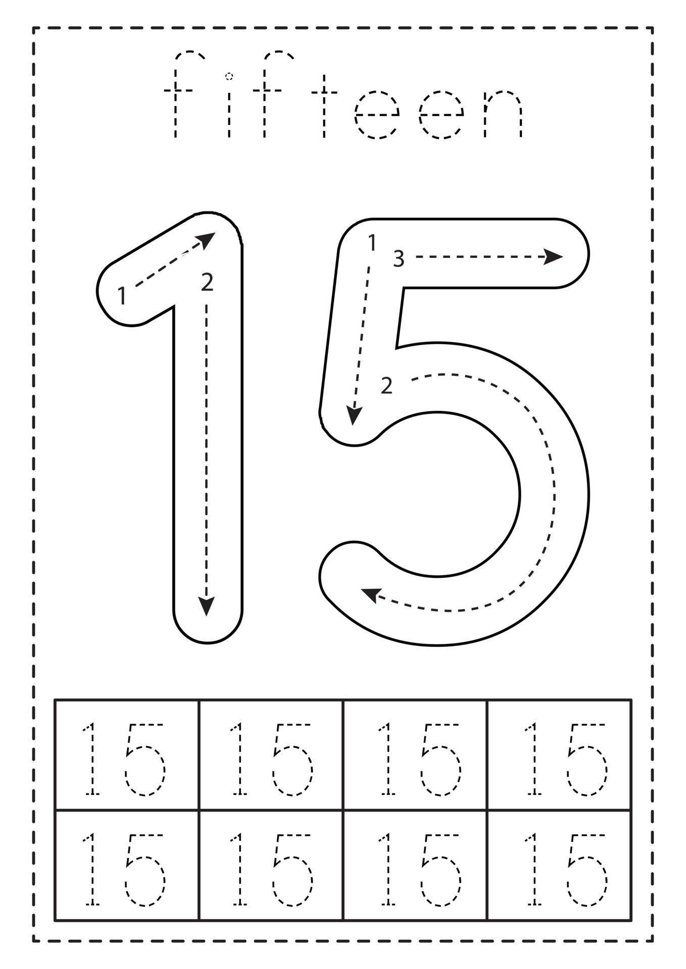 Tracing number fifteen. Preschool worksheet. Black and white. 8813549