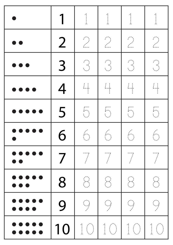 Tracing number from one to ten. Preschool worksheet. Black and white