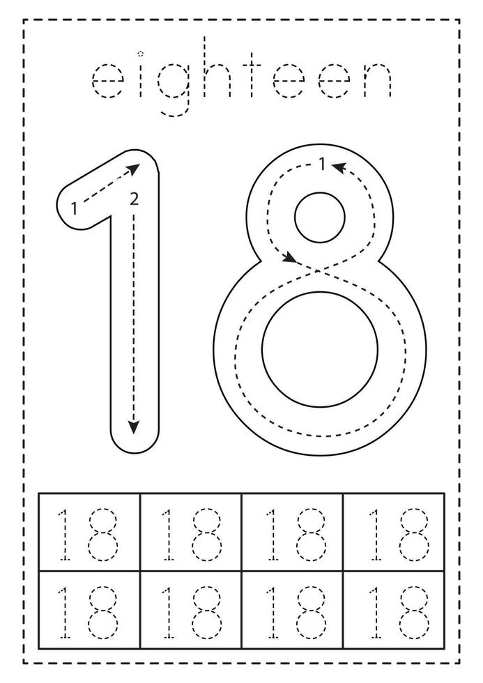 Tracing number eighteen. Preschool worksheet. Black and white. vector