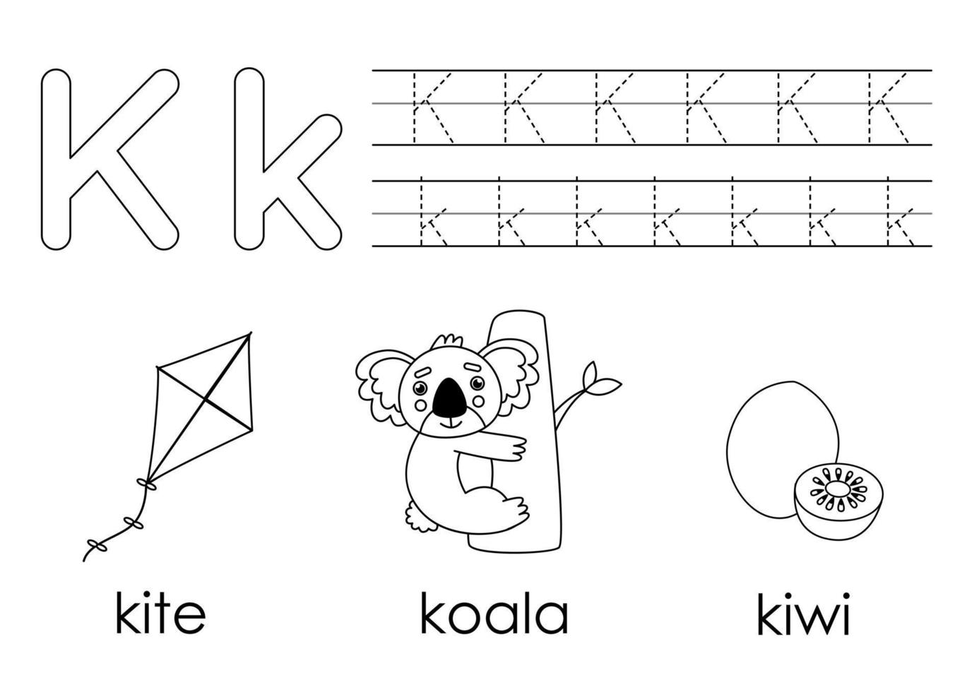 Learning English alphabet for kids. Letter K. Coloring book. vector