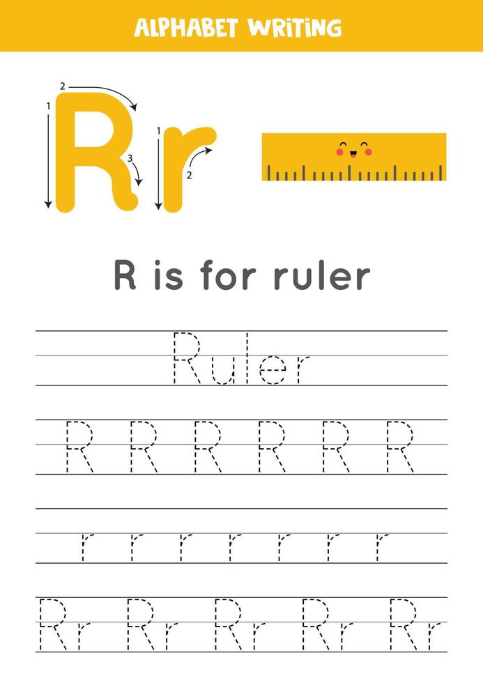aprender el alfabeto inglés para niños. letra r linda regla kawaii. vector