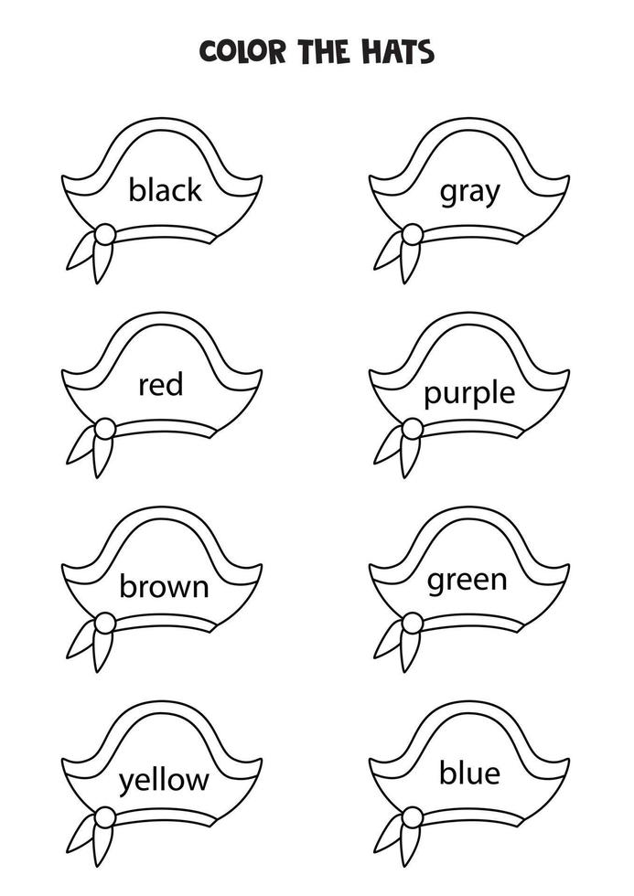 Read names of colors and color pirate hats. Educational worksheet. vector