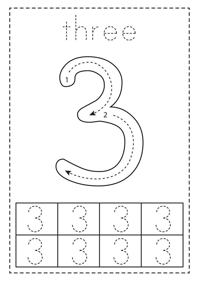 Tracing number three. Preschool worksheet. Black and white. vector