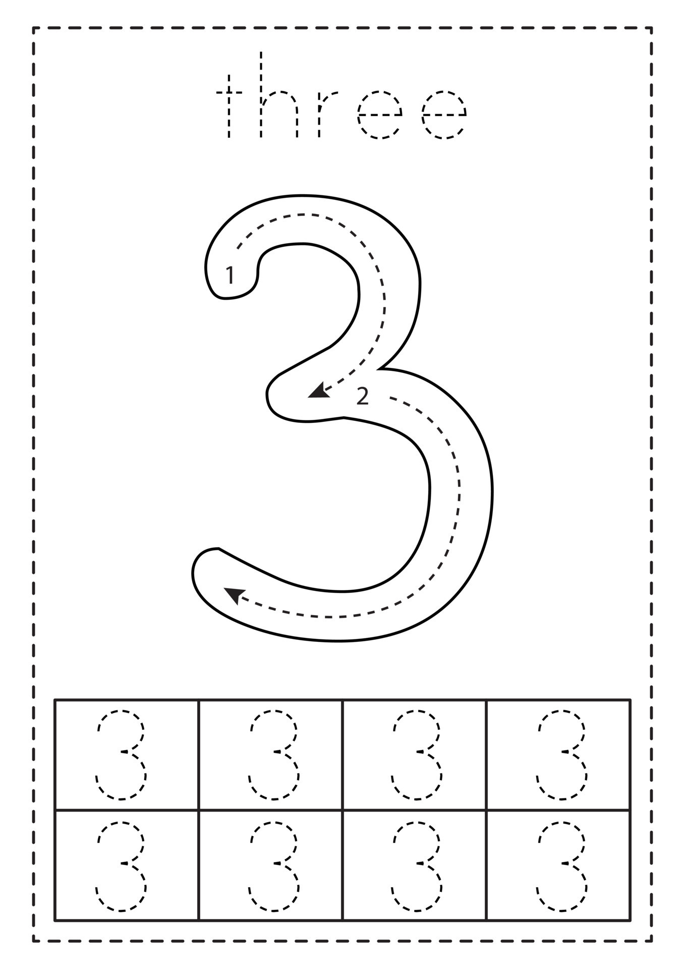 Tracing number three preschool worksheet black and white 8813594