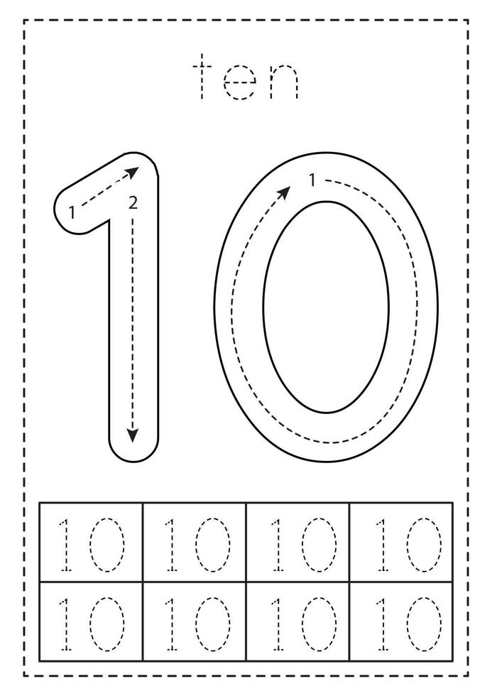 Tracing number ten. Preschool worksheet. Black and white. 8813595 ...