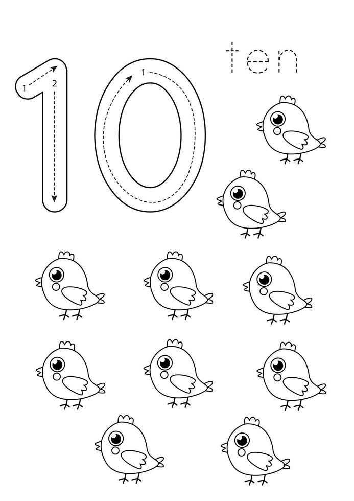 Flashcard number 10. Preschool worksheet. Black and white farm animals. vector