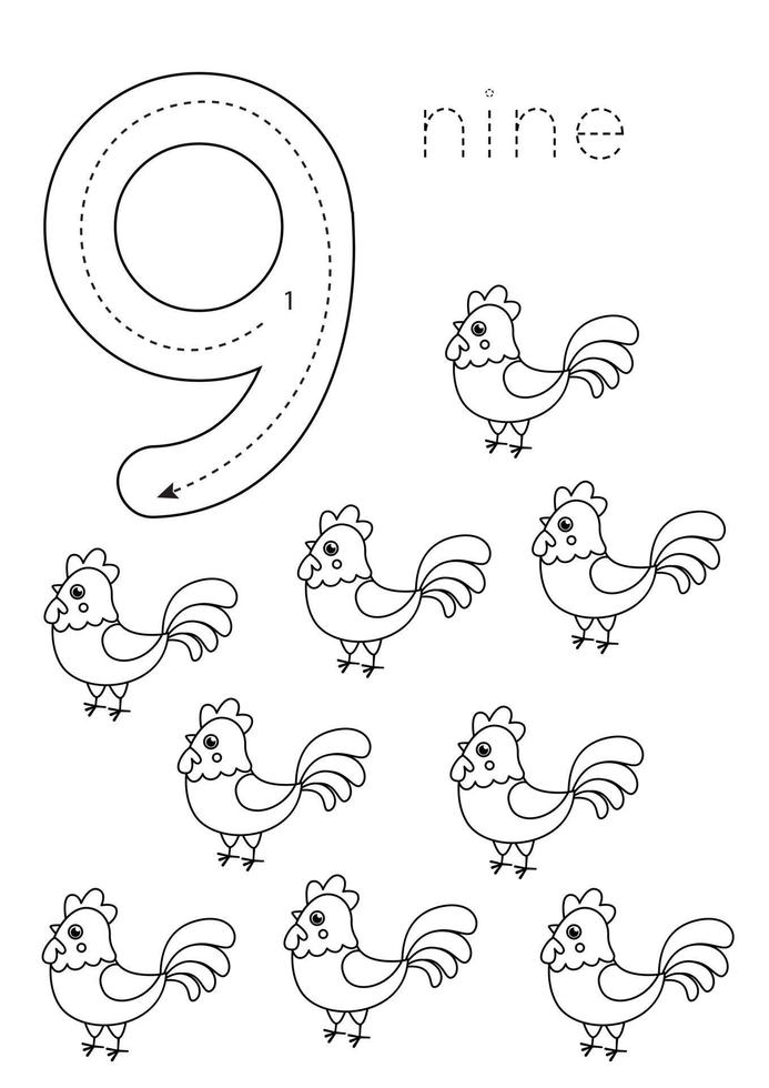 Flashcard number 9. Preschool worksheet. Black and white farm animals ...