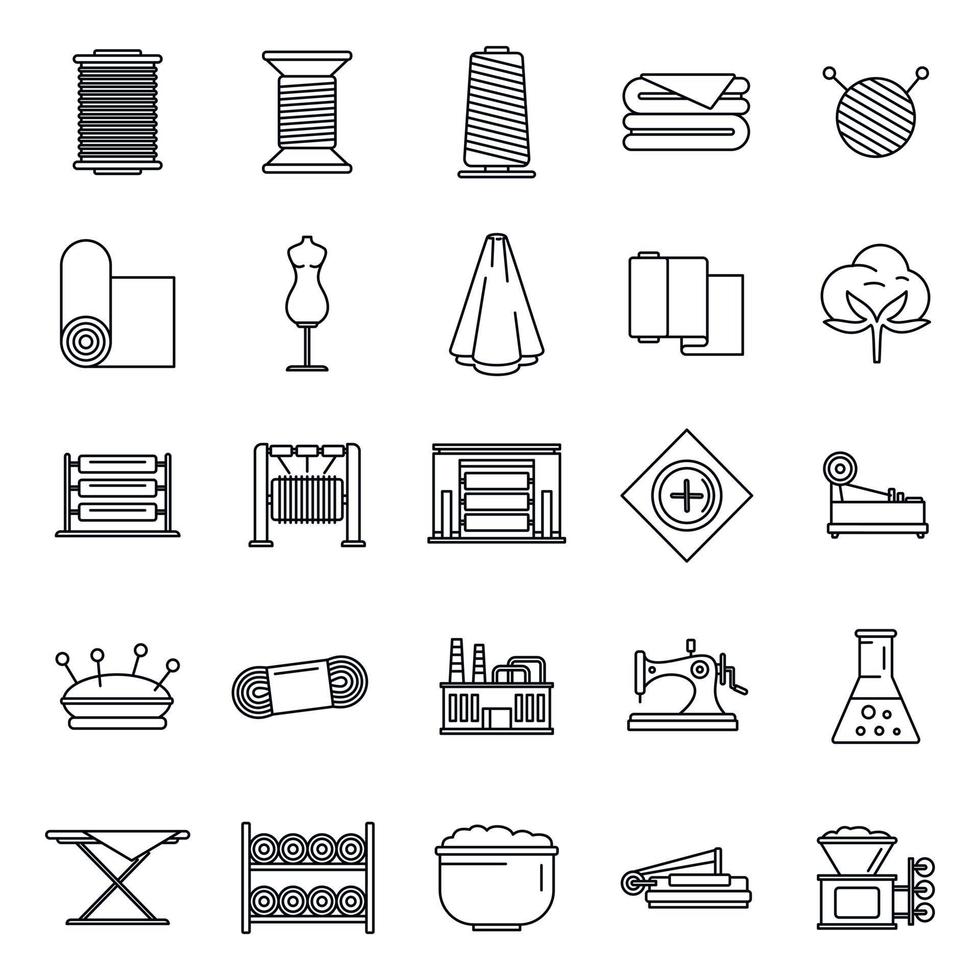 conjunto de iconos de fábrica de producción textil, estilo de esquema vector