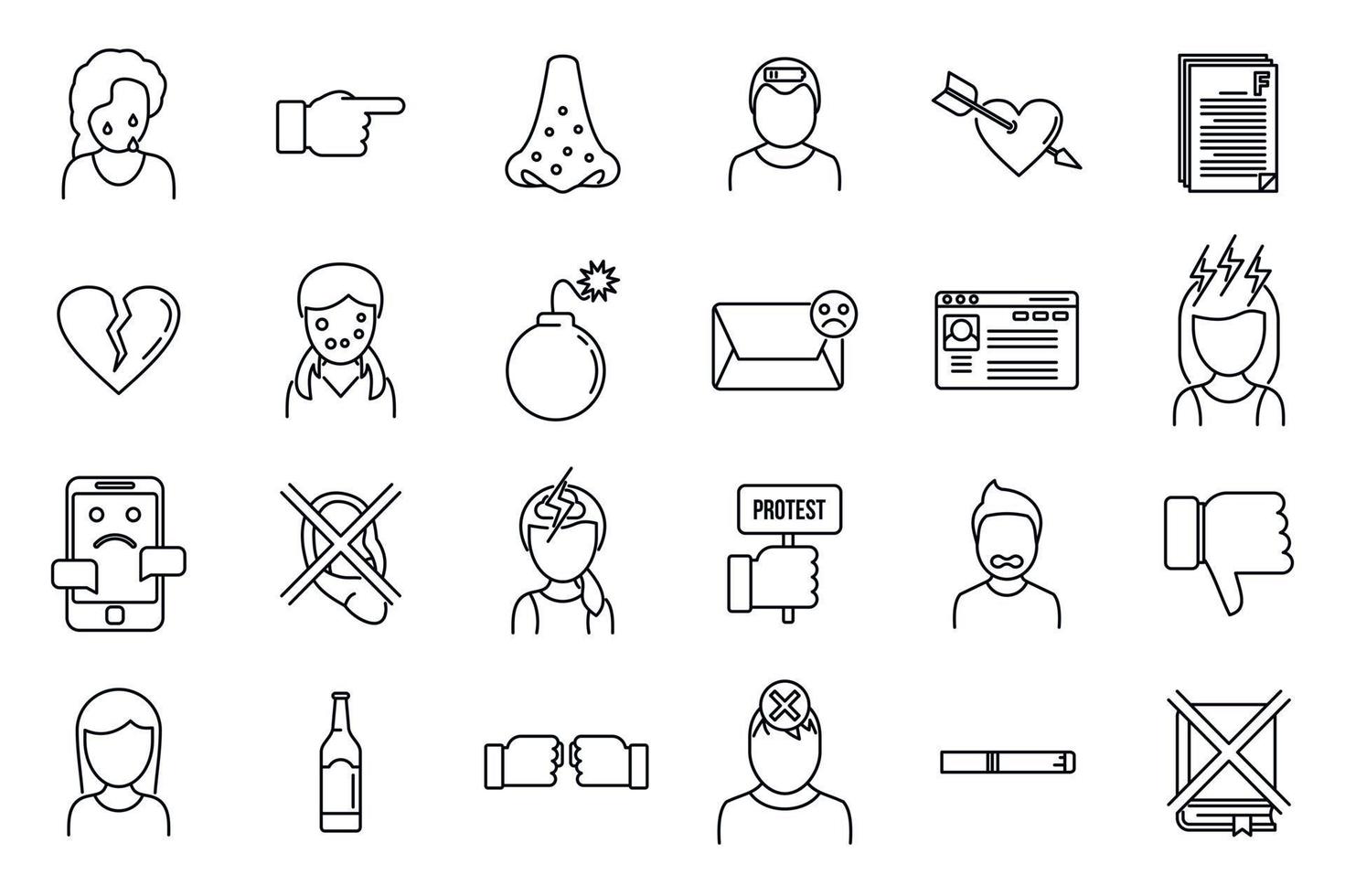 conjunto de iconos de problemas adolescentes modernos, estilo de contorno vector