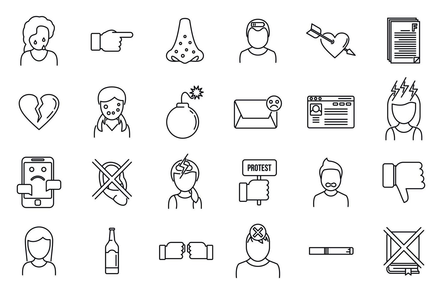 Modern teen problems icons set, outline style vector