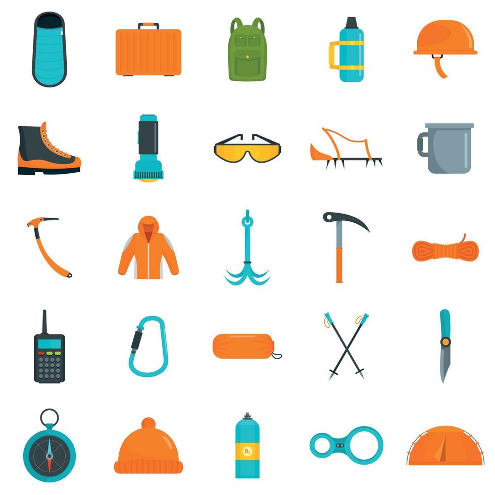 Mountaineering equipment icons set, flat style vector