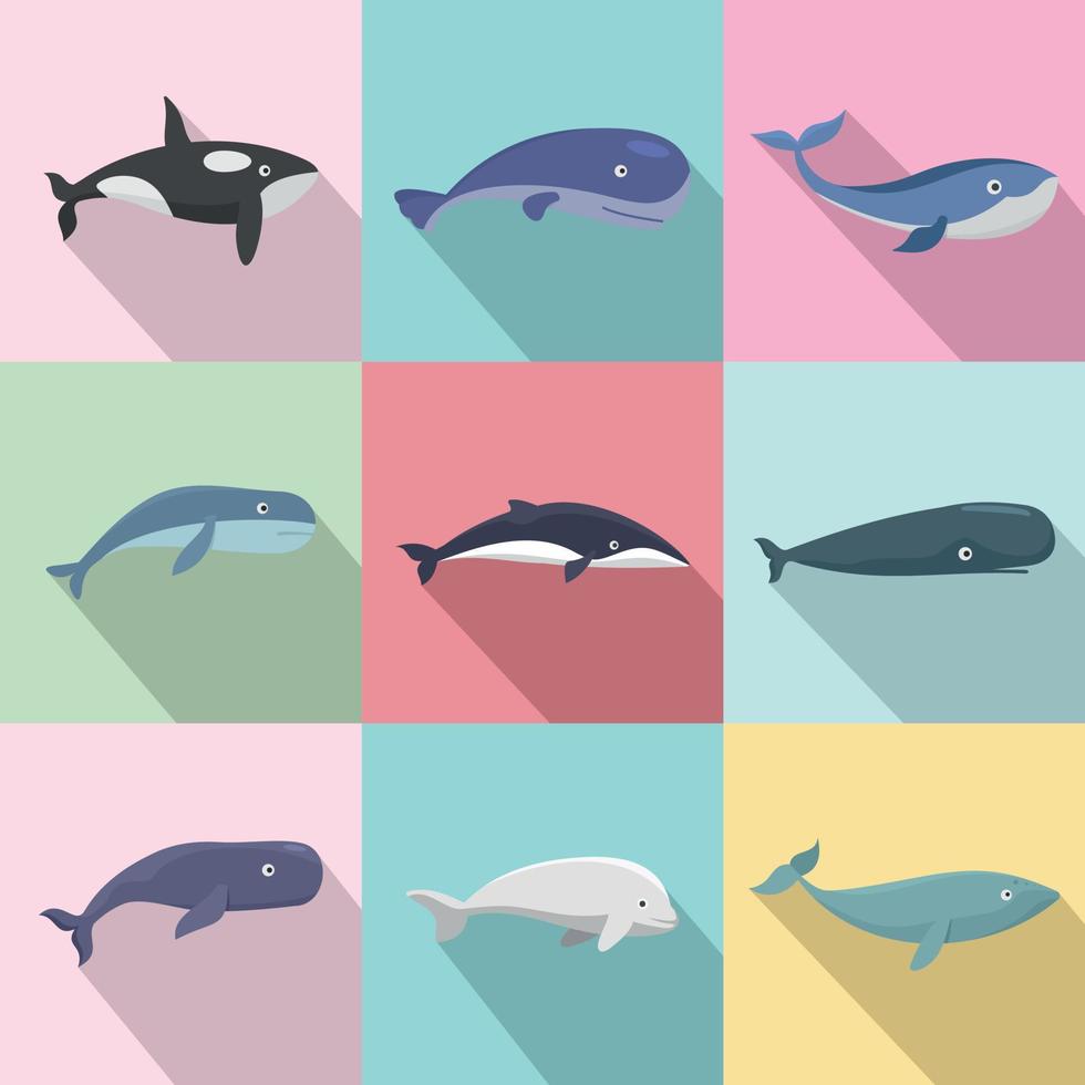 Whale blue tale fish icons set, flat style vector