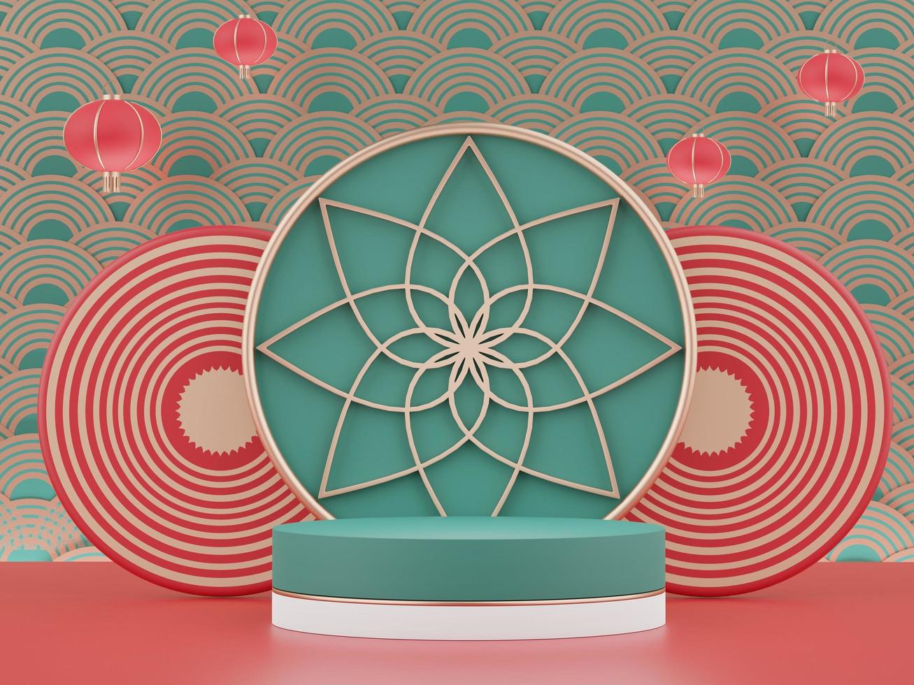 3d rendering of minimal scene of blank podium with Chinese lunar new year theme. Display stand for product presentation mock up. Chinese traditional texture. photo