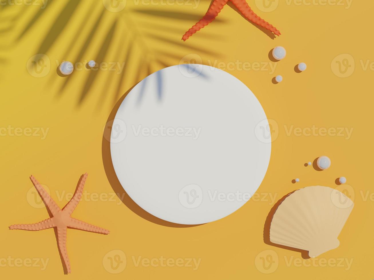 3d render top view of white blank cylinder frame for mock up and display products with summer beach scene and shadow of palm leaves. Summer time season background. photo