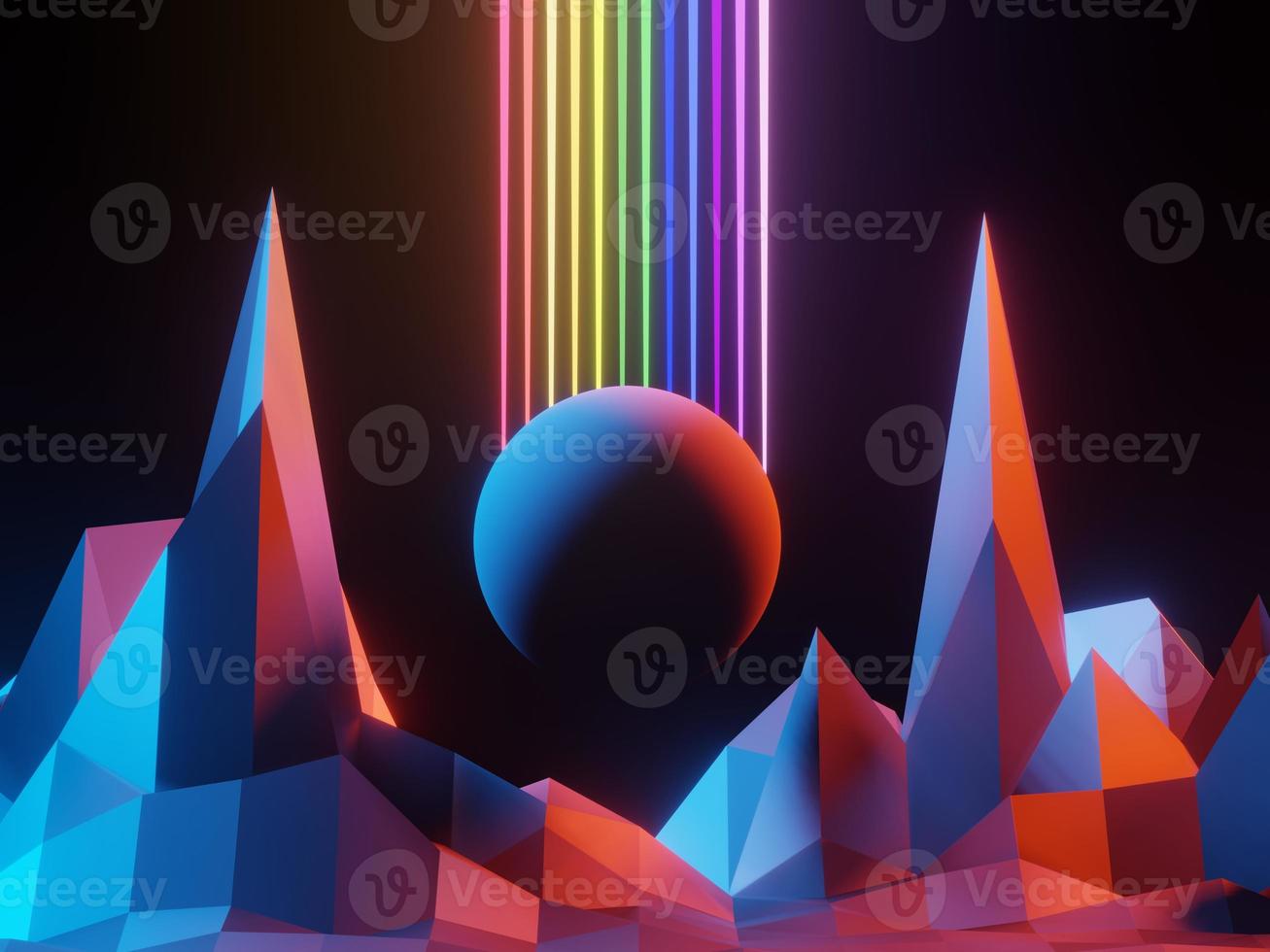 3d render of RGB neon light on darkness background. Abstract Laser lines show at night. Ultraviolet spectrum beam scene for mock up and web banner. photo
