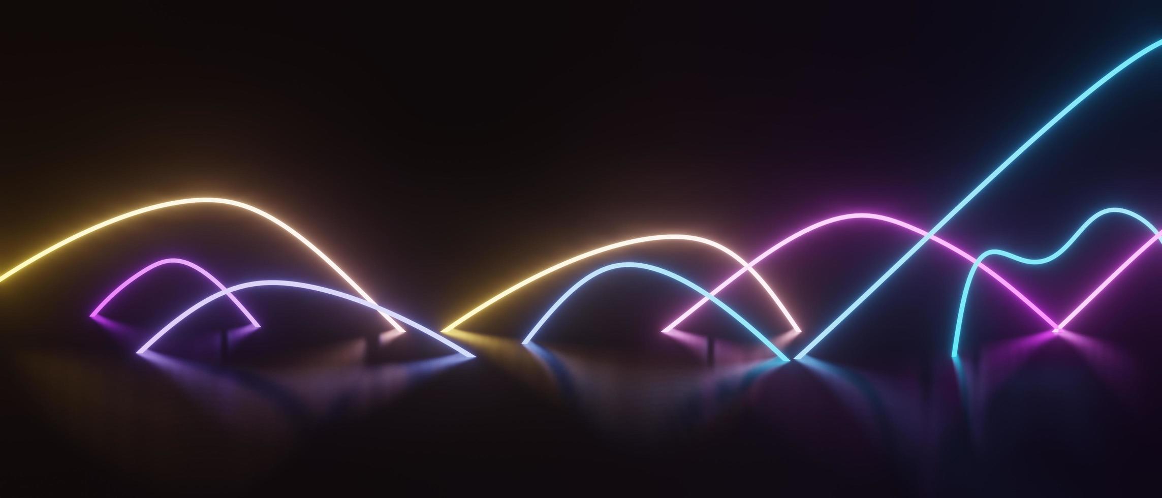 Render 3d de luz de neón rgb sobre fondo oscuro. las líneas láser abstractas se muestran por la noche. escena del haz del espectro ultravioleta foto