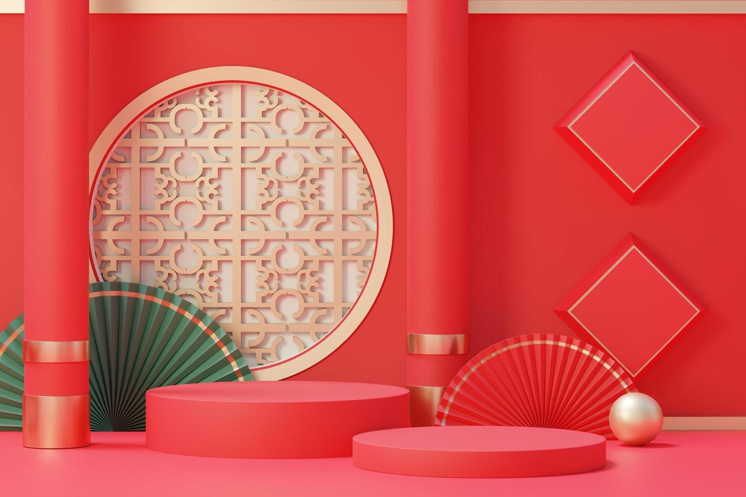 3d rendering of minimal scene of blank podium with Chinese lunar new year theme. Display stand for product presentation mock up. Chinese traditional texture. photo