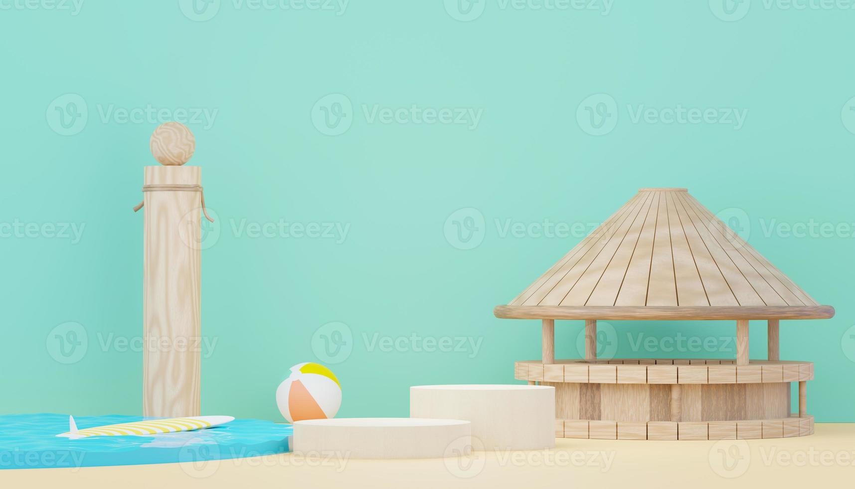 3d render minimal podium background for show and sales products. Hello Summer season scene design concept. Abstract Vacant pedestal for presentation and advertising. Beach Vacations in Summer. photo