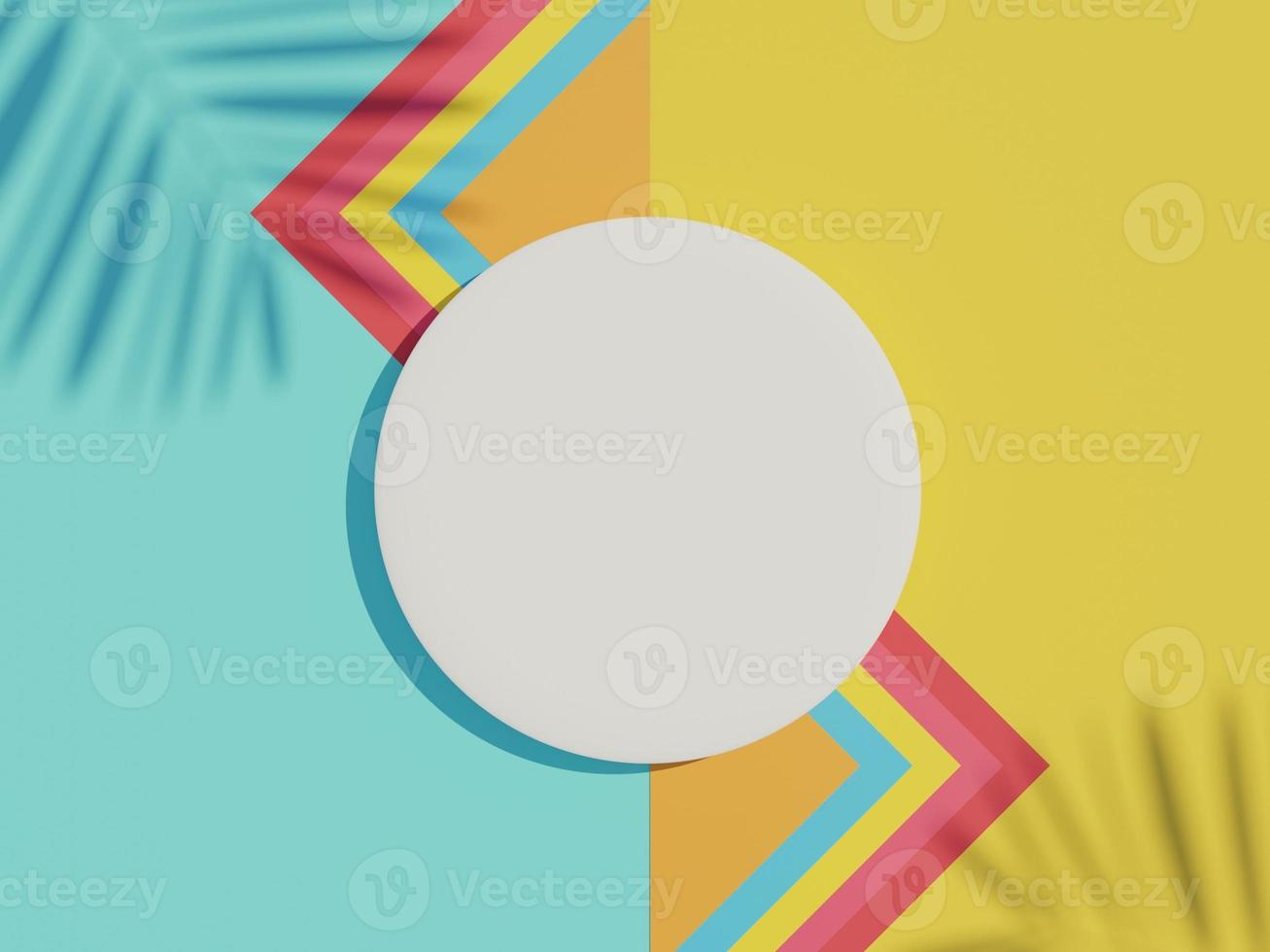 3d render top view of white blank cylinder frame for mock up and display products with shadows of palm leaves and earth tone background. photo