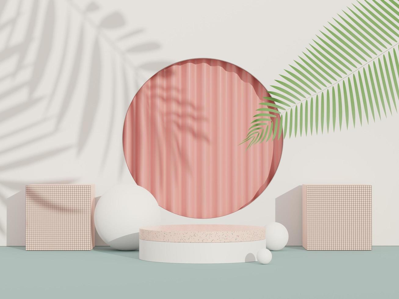 3d render of abstract pedestal podium display with terrazzo and shadow of leaves. Scene for present product promotion and beauty cosmetics. photo