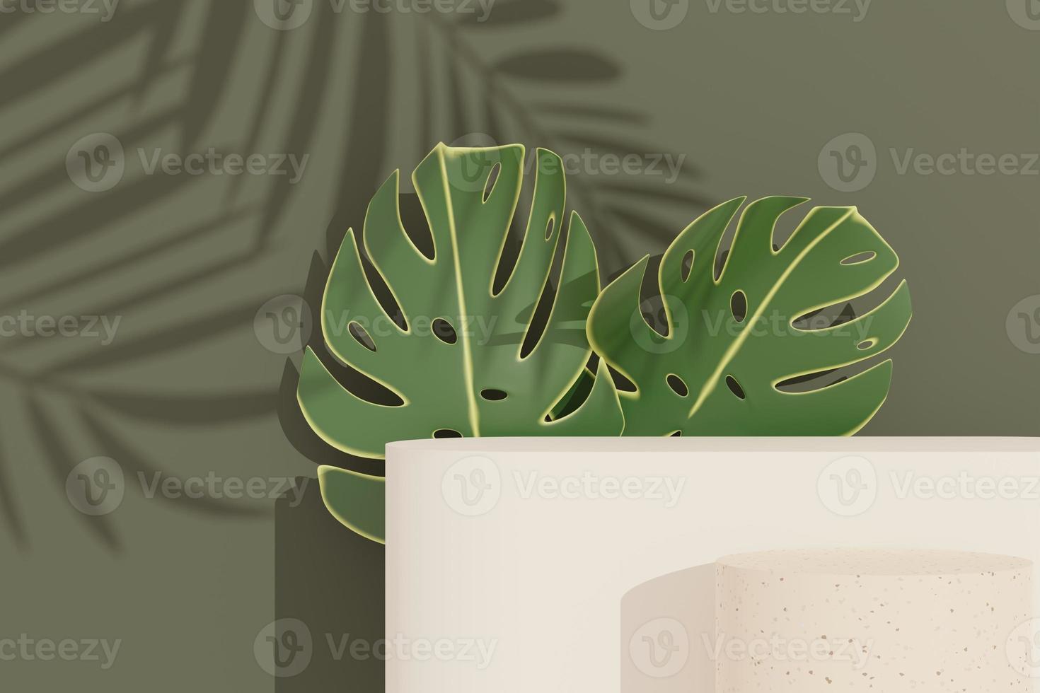 3d render of abstract pedestal podium display with terrazzo and Monstera leaves. Product and promotion concept for advertising. Green natural background. photo