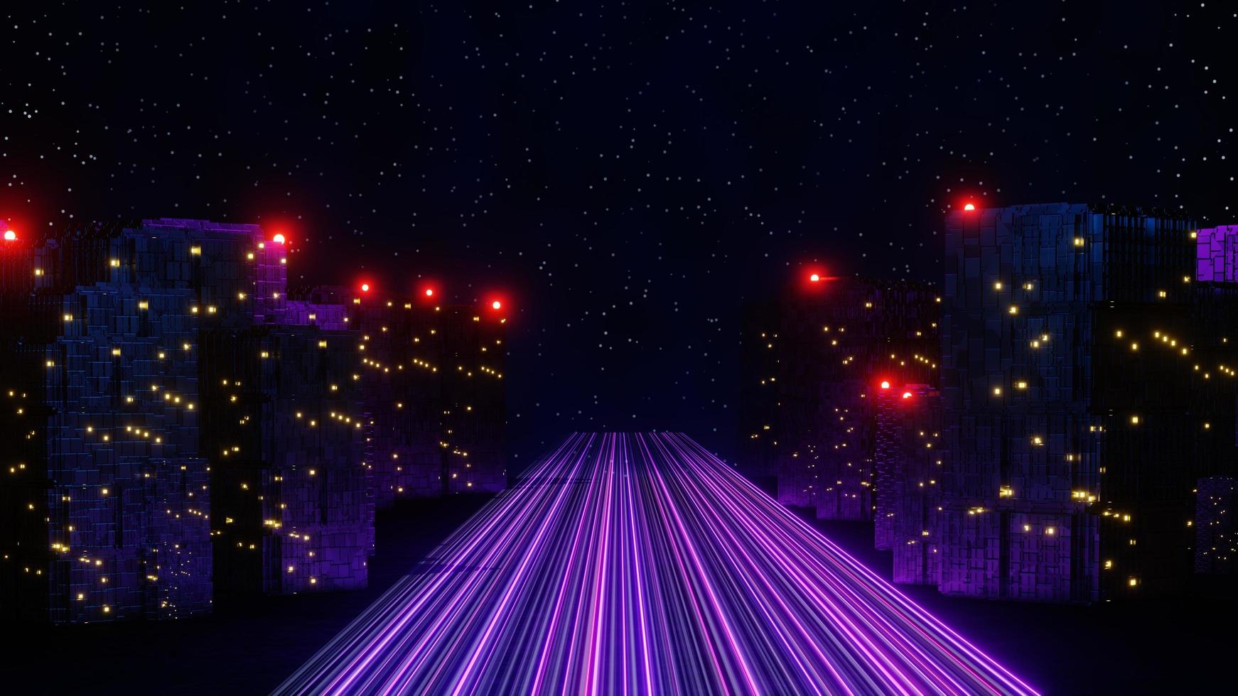 3d render of neon and light glowing on dark scene. Cyber punk night city concept. Night life. Technology network for 5g. Beyond generation and futuristic scene. Sci- fi pattern theme. photo