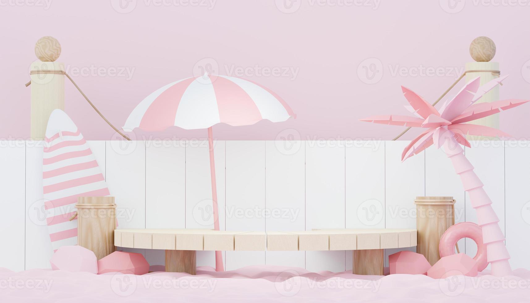 3d render minimal podium background for show and sales products. Hello Summer season scene design concept. Abstract Vacant pedestal for presentation and advertising. Beach Vacations in Summer. photo
