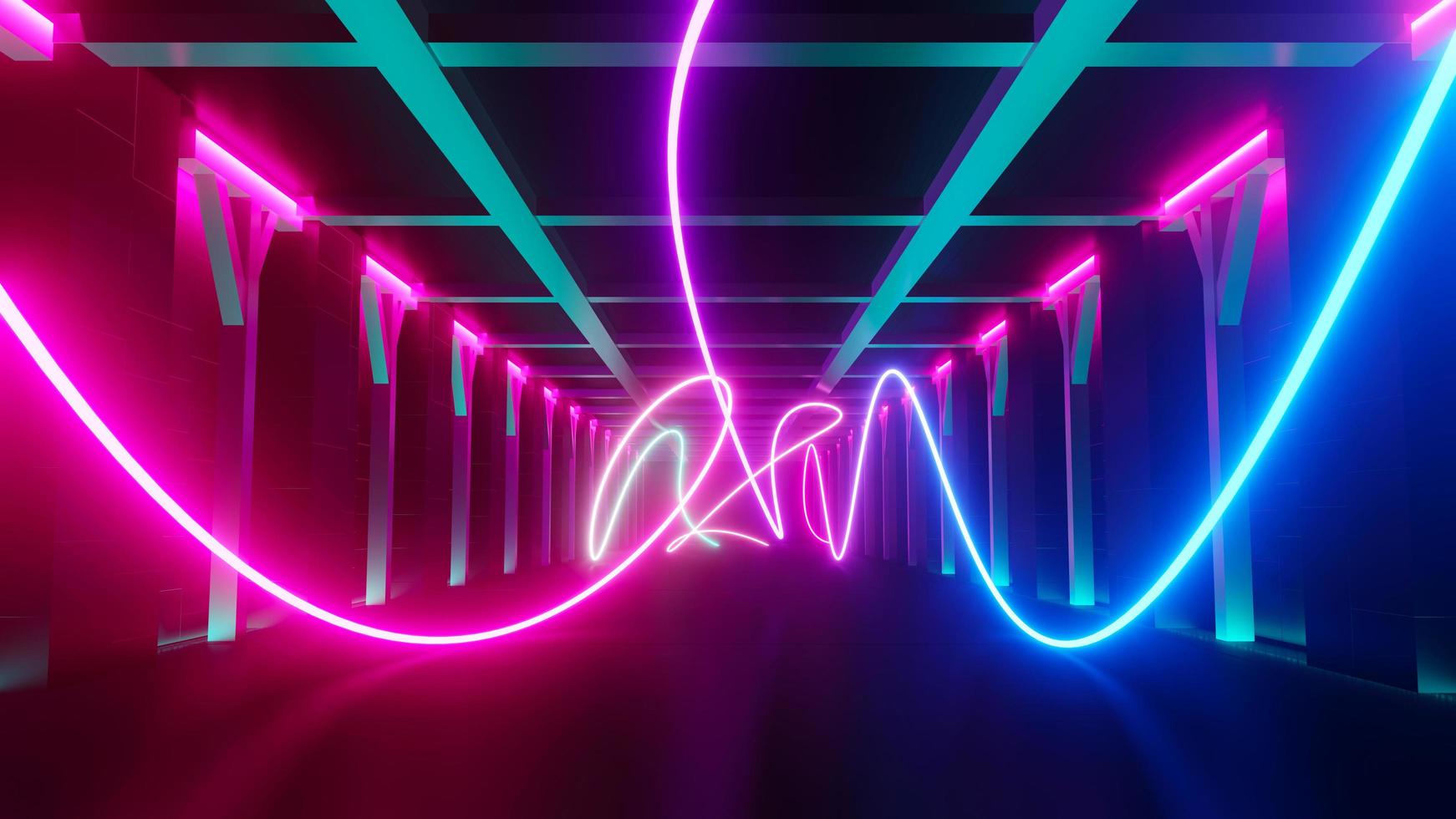 3d render of flash neon and light glowing on dark scene. Speed light moving lines. photo