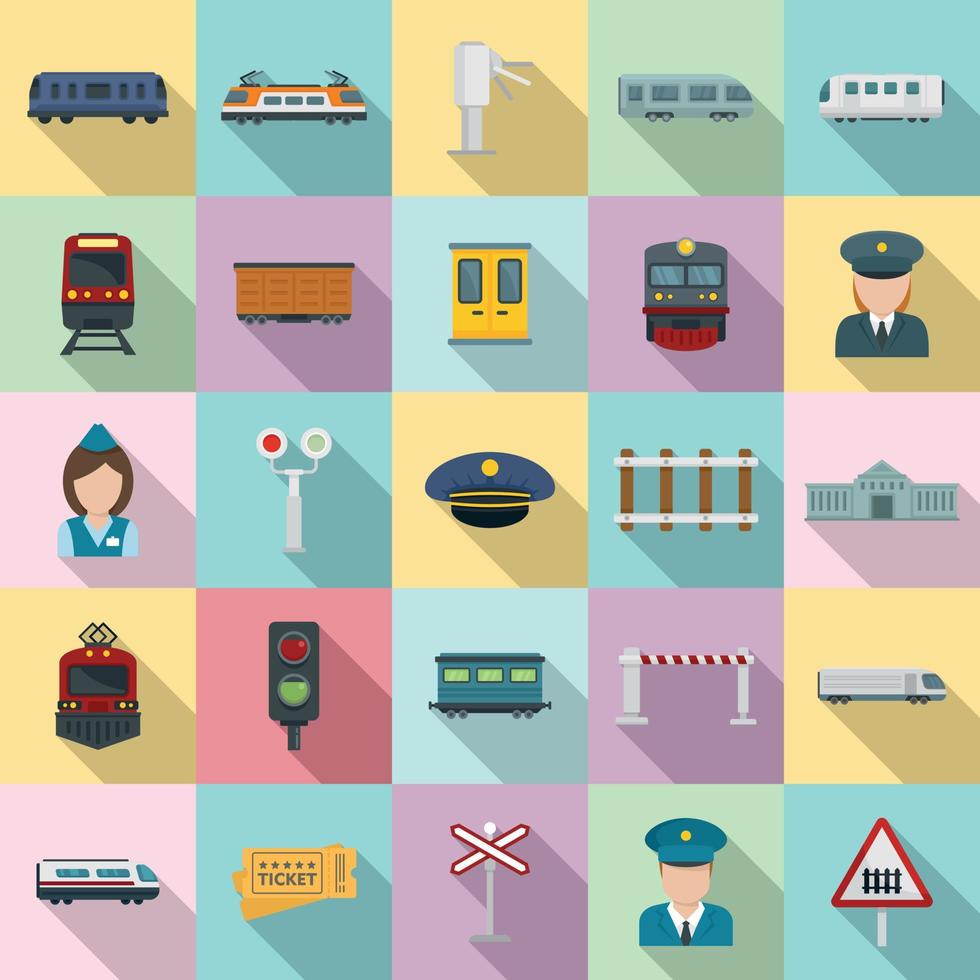 Electric train driver icons set, flat style vector