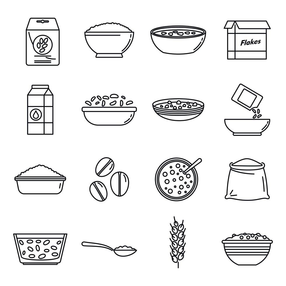 conjunto de iconos de copos de cereales para el desayuno, estilo de esquema vector