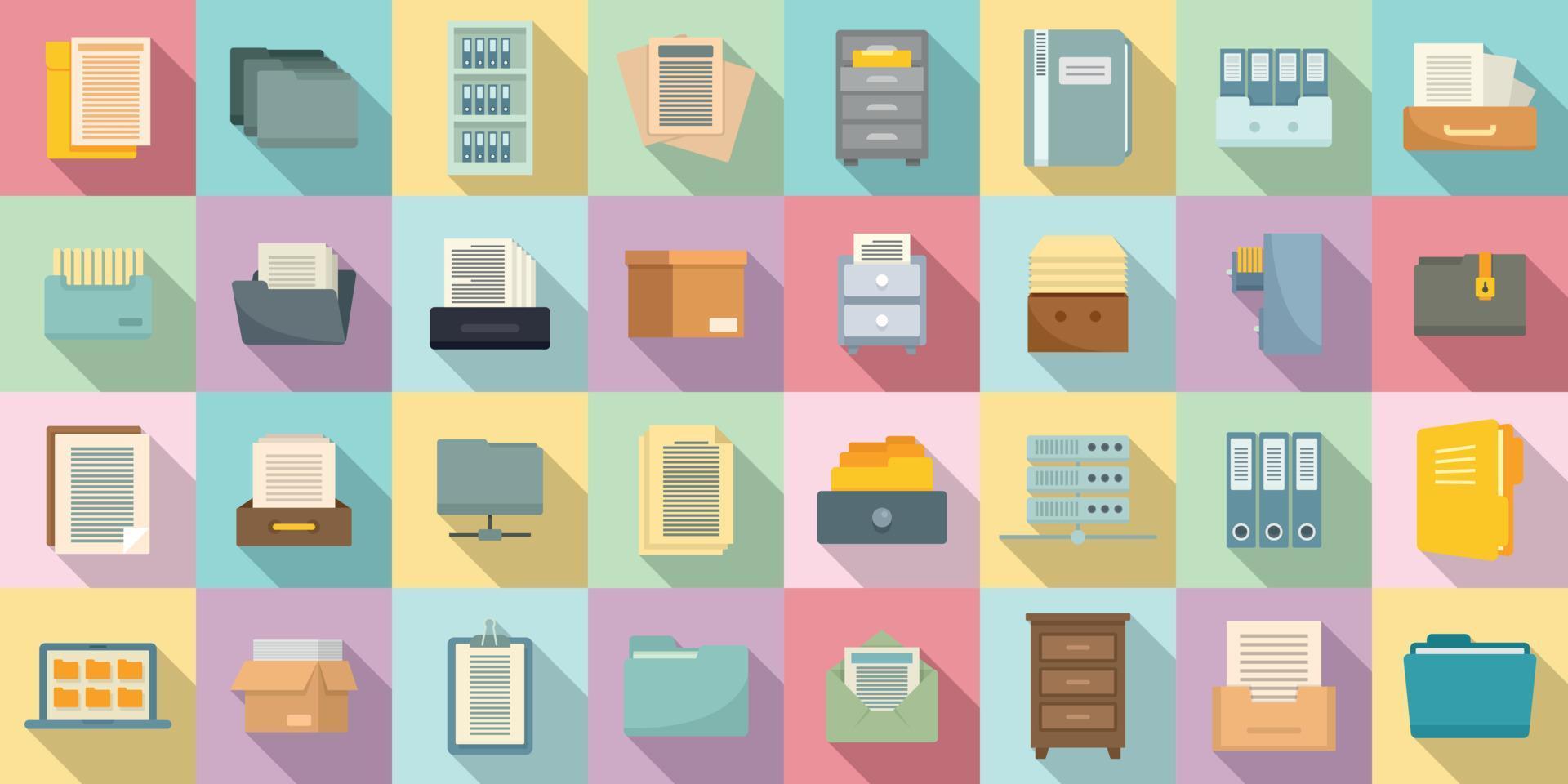 Storage of documents icons set, flat style vector