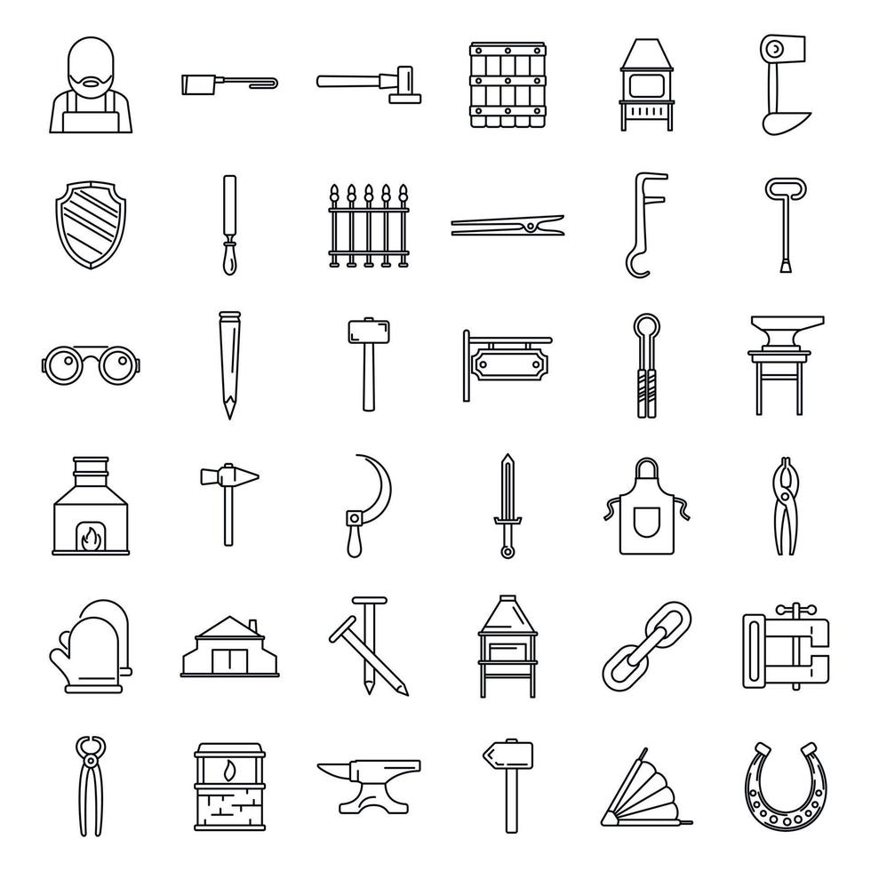 Blacksmith tools icons set, outline style vector