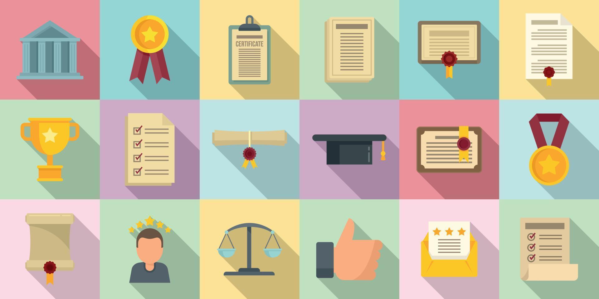 Attestation service icons set, flat style vector