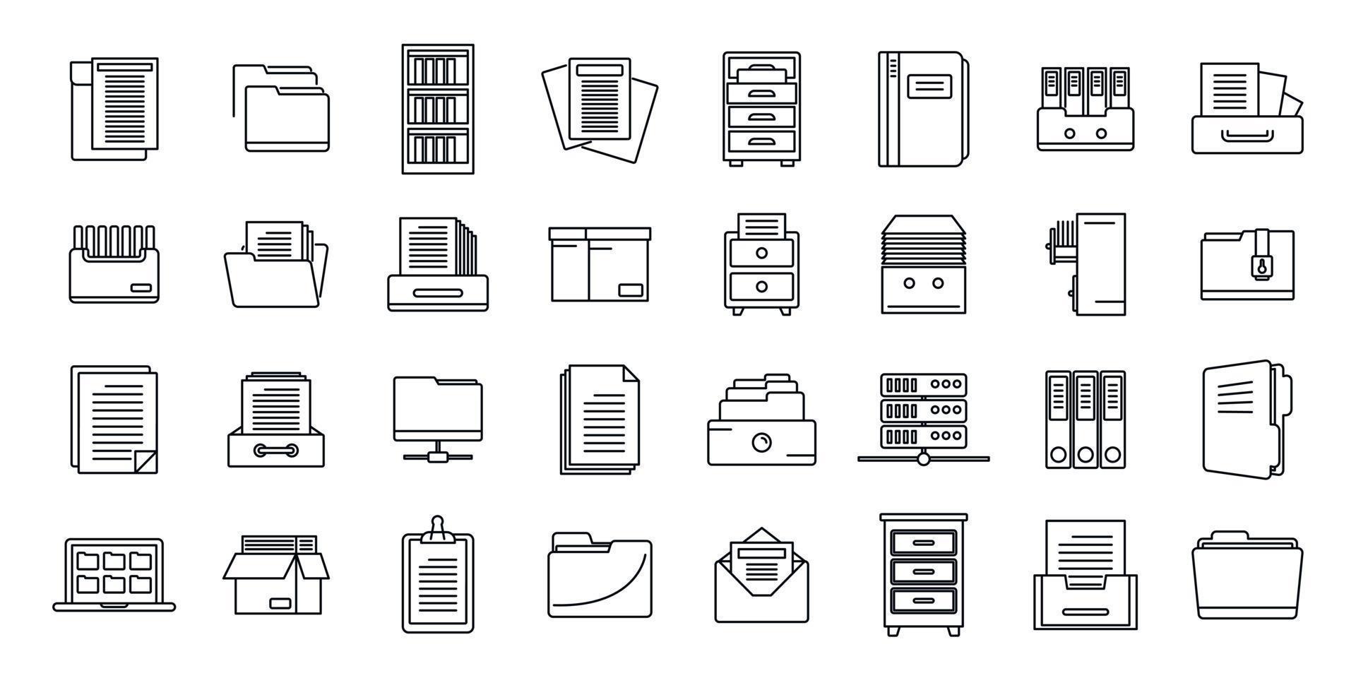 Office storage of documents icons set, outline style vector