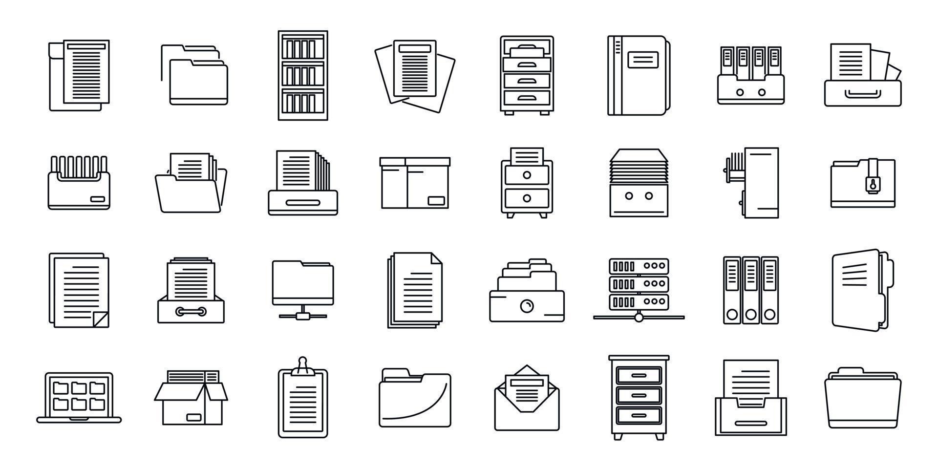 almacenamiento de oficina de conjunto de iconos de documentos, estilo de contorno vector