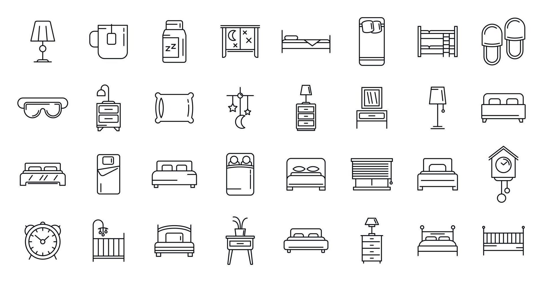 Bedroom icons set, outline style vector