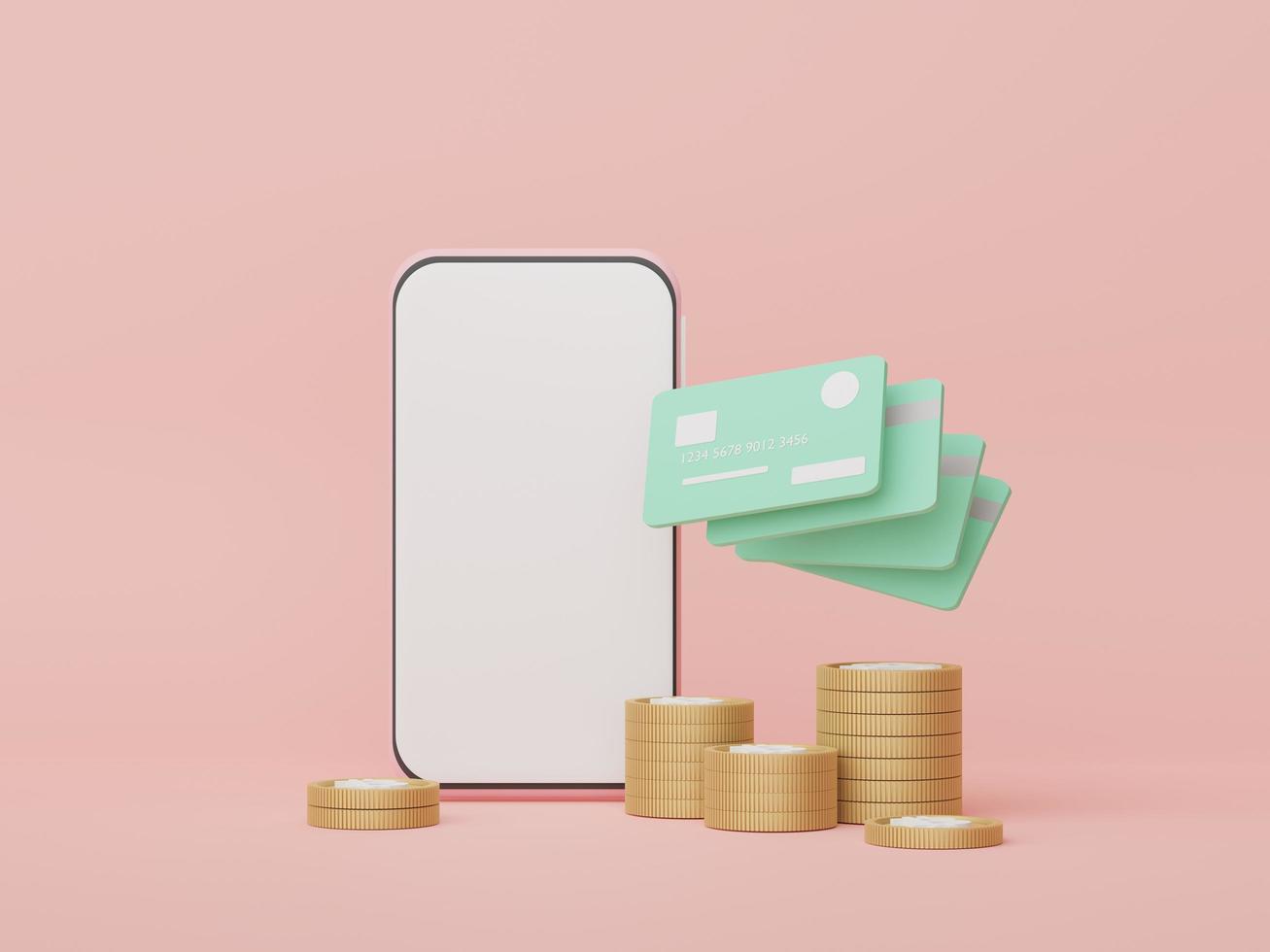 3d render Minimal mini mobile phone or smartphone with credit cards. Money concepts financial planning. Online shopping. Wealth management franchises. Cashless society scene. photo