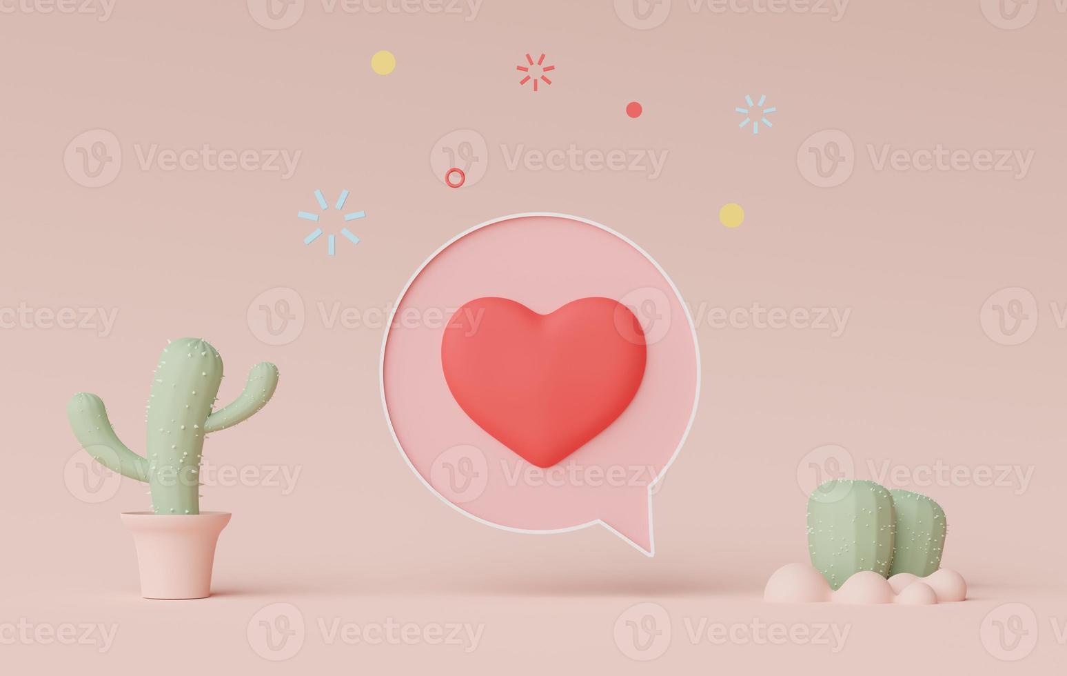 Representación 3d de un banner de barra parlante mínimo o un comentario de burbuja de icono con un corazón lindo en un fondo de tono tierra pastel. escena para maqueta y presentación decorada con lindos cactus. foto