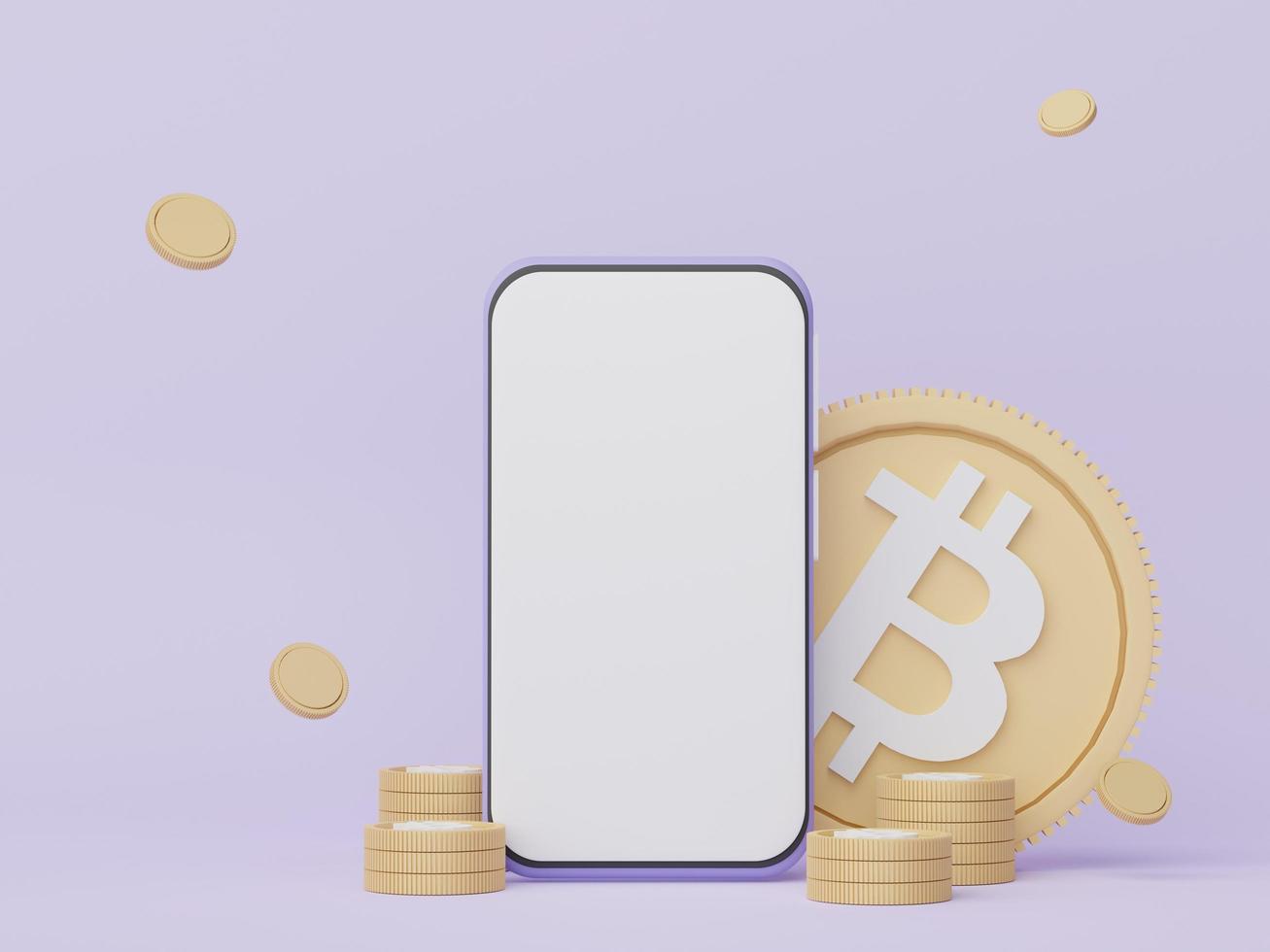 3d render Minimal mini mobile phone or smartphone for work with white copy space and cryptocurrency bitcoin for mock up and web banner. Defi crypto concept. photo