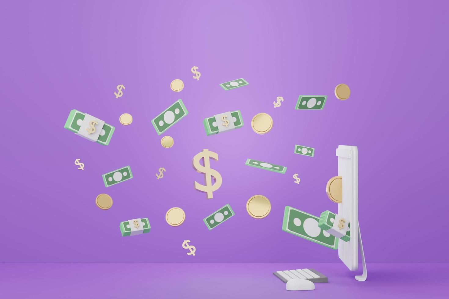 3d render Minimal computer that around with floating gold coins . Money concepts financial planning. Online shopping. Wealth management franchises. photo