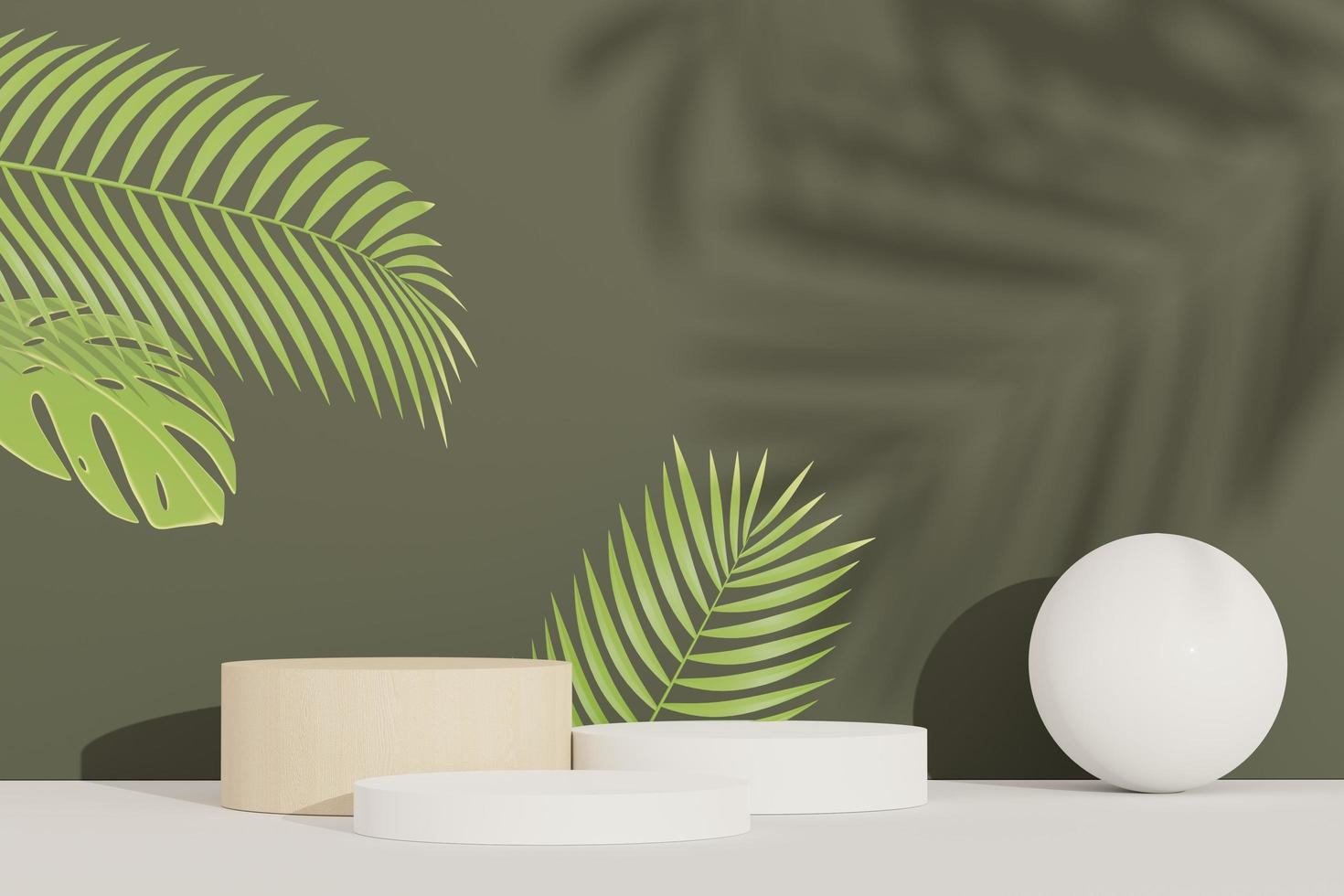 3d render of abstract pedestal podium display with Tropical Monstera leaves. Product and promotion concept for advertising. Green natural background. photo