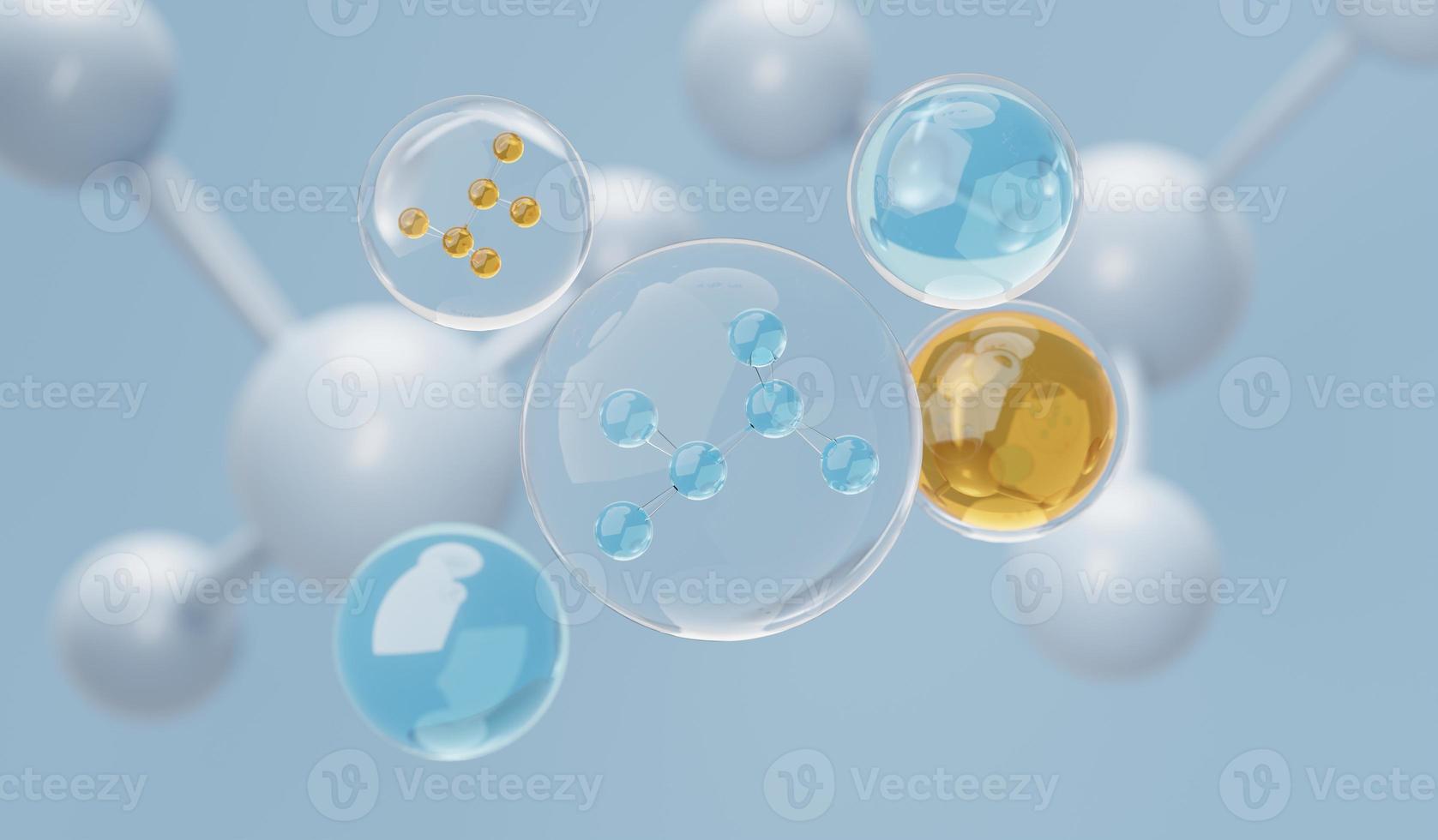3d render of simple chemical bond in side cell or molecules. The associated of atoms, ions, bond and molecules. Liquid drop bubble background. Covalent bond. Biochemical interaction. photo