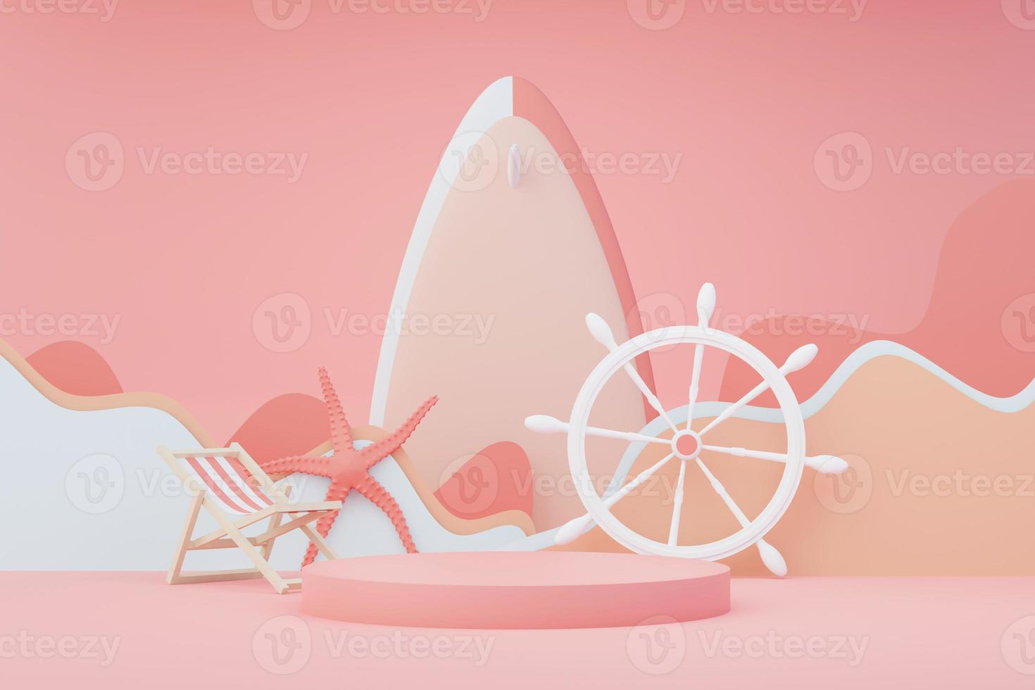 3d render Summer sale podium stand for showing product. Beach Vacations Scene in Summer for mock up. photo